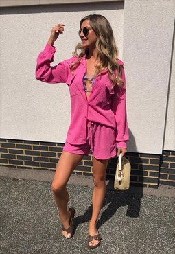 Pink Crinkled Oversized Shirt And Shorts Co-Ord