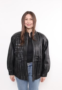 90s leather bomber jacket, vintage black striped oversized 