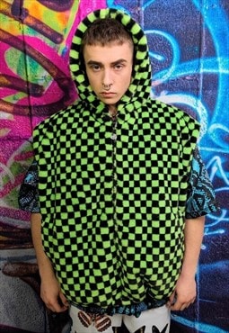Checkerboard fleece gilet handmade check hoodie jacket green