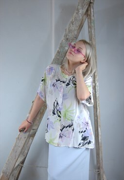 Vintage y2k baggy floral abstract summer blouse shirt white
