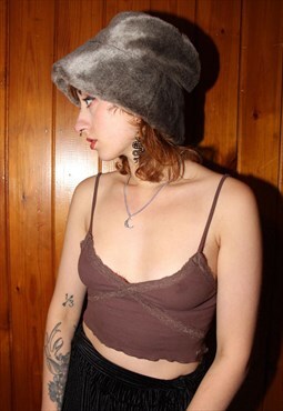 Vintage 90s Faux Fur Fluffy Bucket Hat in Taupe