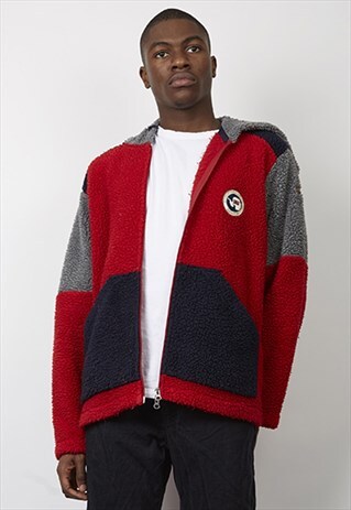 VINTAGE 90'S NAPAPIJIRI BLOCK COLOUR HOODED FLEECE JACKET