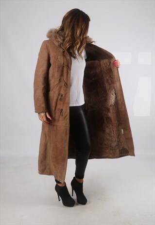 VINTAGE SHEEPSKIN SUEDE SHEARLING COAT LONG HOODED 10 (JH4B)