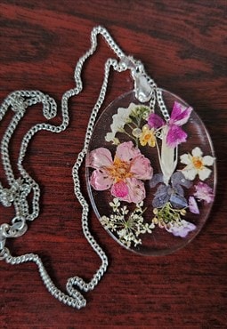 Dried flower resin oval necklace with 925 silver chain