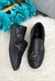 BLACK FAUX LEATHER STAR PATTERNED PLIMSOLLS 