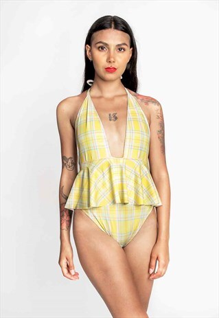 PLUNGE SWIMSUIT IN YELLOW CHECK