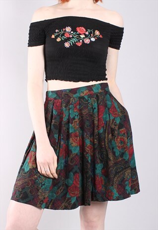 VINTAGE 80S FLORAL PAISLEY PATTERNED PLEATED MINI SKIRT