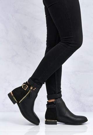 GOLD BUCKLE ZIP & HEEL ANKLE BOOT IN BLACK MATT
