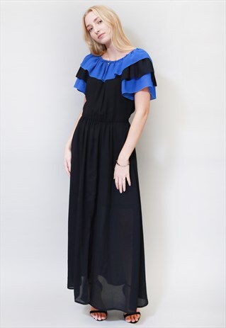 VINTAGE 1970'S RUFFLED BLACK & BLUE MAXI DRESS