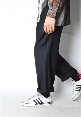 VINTAGE 80S BLACK NAVY BLUE STRIPED WOOL BLEND PANTS