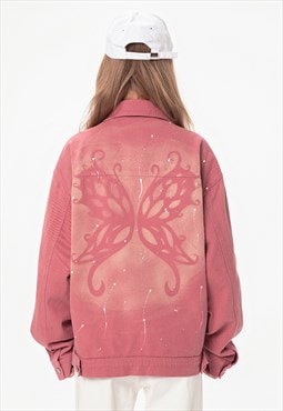 Pink denim jacket vintage wash varsity butterfly jean bomber