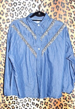 90s Vintage Blue Denim Frayed Shirt Jacket Grunge Punk
