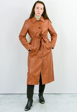 Faux leather trench caramel orange coat y2k belted M/L