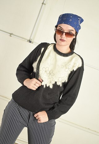 80'S RETRO BEADED SOFT FLORAL KNIT JUMPER IN BLACK