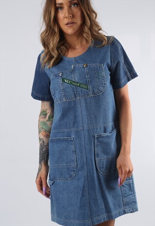 VINTAGE DENIM DRESS BICH REWORKED DUNGAREES UK 8 - 10 (GDDD)