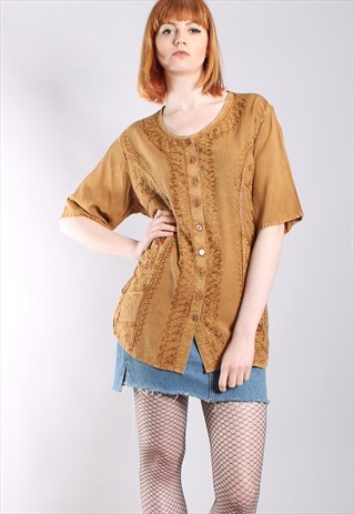 VINTAGE 80S BOHO EMBROIDERED HIPPY BUTTON TIE BACK TOP