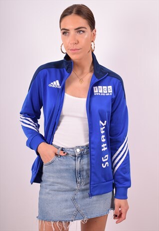 ADIDAS WOMENS VINTAGE TRACKSUIT TOP JACKET SMALL BLUE 90S