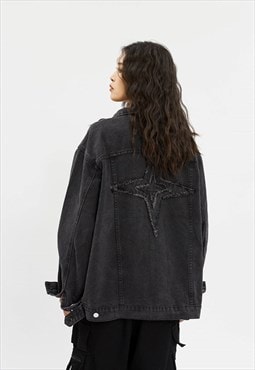 Patchwork denim jacket star jean bomber in vintage black