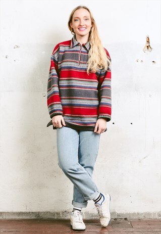 VINTAGE 90S SOUTHWESTERN STRIPED FLEECE SWEATER
