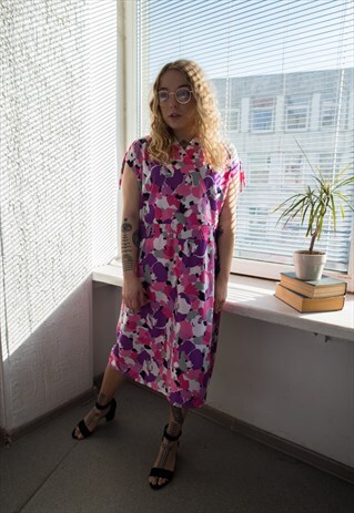 VINTAGE 70'S PINK/PURPLE ABSTRACT PRINT MIDI DRESS