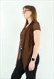 SEE THROUGH BLOUSE SHIRT BUTTON UP TOP BROWN SHORT SLEEVE
