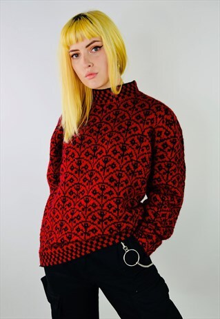 VINTAGE 80S FLORAL PRINT CHUNKY KNIT JUMPER