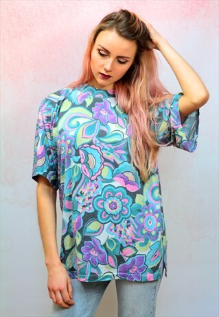1990S VINTAGE PASTEL HIPPIE COTTON OVERSIZED T-SHIRT