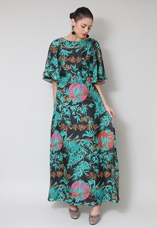LADIES VINTAGE DRESS GREEN BLACK ORIENTAL BLACK GREEN DRESS