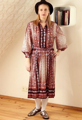 BROWN FLORAL PLEATED DRESS