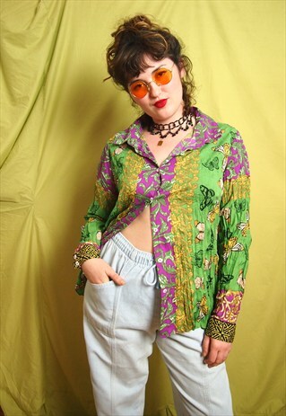 VINTAGE MULTI GREEN BUTTERFLY PRINT BLOUSE
