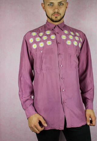 DAISY EMBROIDERED PINK VINTAGE SILK SHIRT