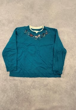 Vintage Sweatshirt Embroidered Butterflies Patterned Jumper