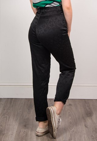 90'S BLACK SHINY HIGH WAIST FLORAL PATTERN TAPERED TROUSERS