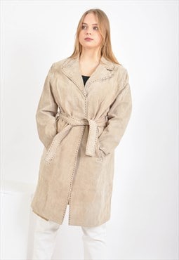 Vintage suede leather coat in beige