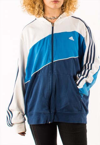 VINTAGE 90S WHITE BLUE ADIDAS HOODIE PULLOVER