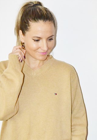 90'S TOMMY HILFIGER VINTAGE BEIGE V-NECK SWEATSHIRT /JUMPER