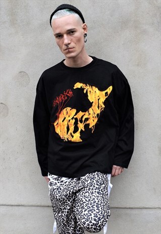 LOOSE FIT OVERSIZE CUT OUT FIRE FLAME GRUNGE SWEATSHIRT