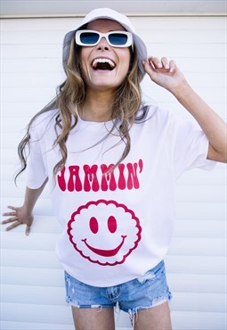 Jammin' Womens Slogan T-Shirt with Happy Face Biscuit 
