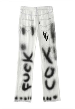 Rude slogan graffiti jeans embroidered flame denim overalls