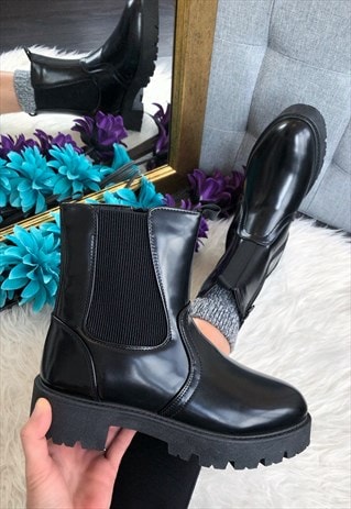Black Chunky Patent Chelsea Boots