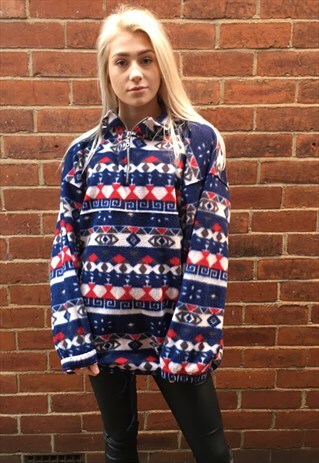 VINTAGE 1/4 OVERSIZED AZTEC TRIBAL FLEECE PULLOVER JUMPER