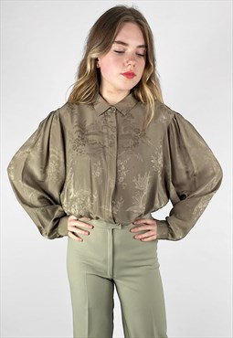 80's Olive Green Silky Floral Long Sleeve Vintage Blouse