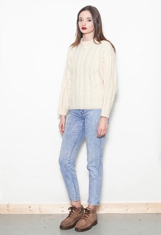 VINTAGE 80'S CREAM ARAN KNIT NORDIC WOOL JUMPER