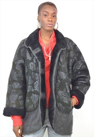 VINTAGE 90S BLACK FLORAL PRINT SHEARLING COAT
