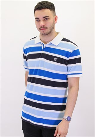 VINTAGE TIMBERLAND STRIPED POLO SHIRT IN BLUE LARGE