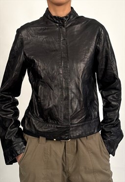 00s Black Genuine Leather Tailored Biker Racer Jacket