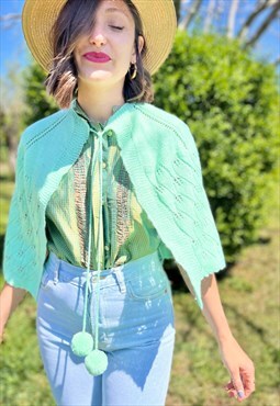 1970's vintage hand knit mint green poncho