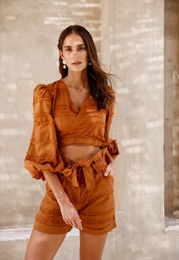 Co-ord Brown Cotton Wrap Top and High Waist Shorts