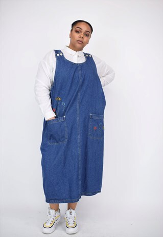 VINTAGE 90'S LONG DENIM FLORAL EMBROIDERED DRESS