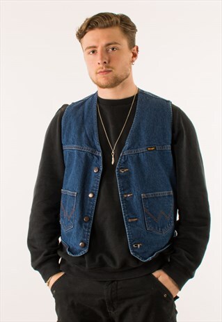 VINTAGE 90S BLUE WRANGLER GILET DENIM JACKET XL